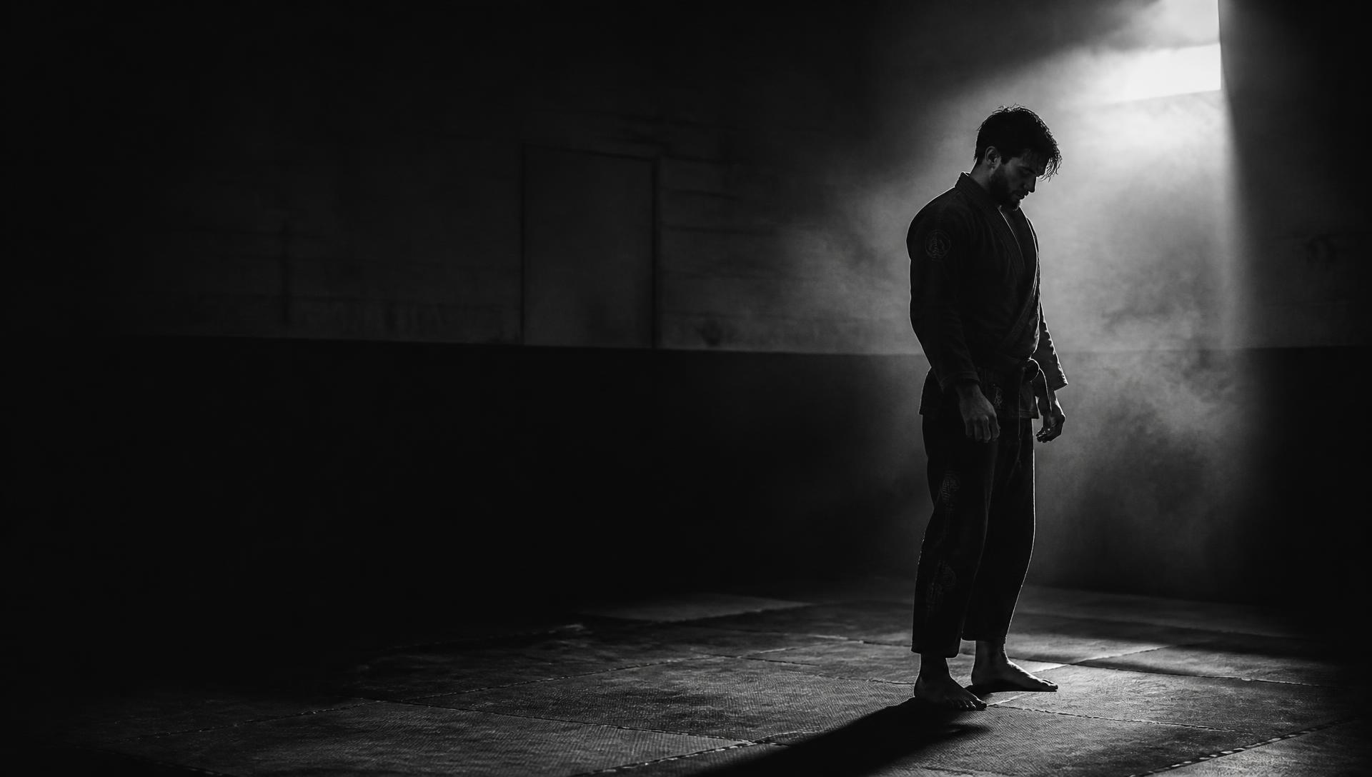 Atleta de jiu-jitsu em treino sob luz dramática